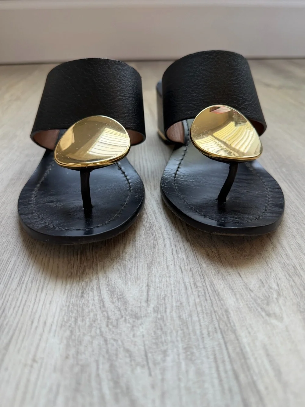 Tory Burch - Black Leather / Gold Patos Disc Slide Sandals / Block heel - Women